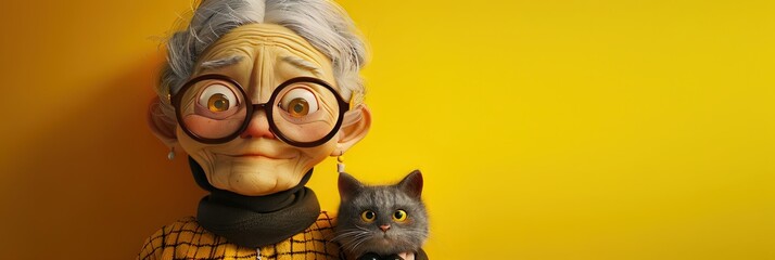 An older woman with her pet cat. Grandma with her happy companion