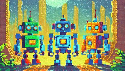 Three robots, mosaic, pixel art, dots, game screen