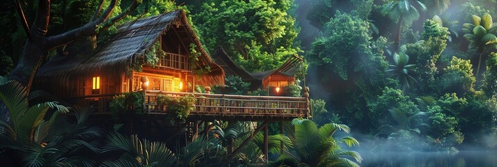 House in the jungles - small home in the green rainforest woods
