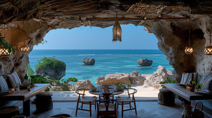 restaurant by the ocean of a tropical Island, a tropical cafe with an ocean view, a Restaurant in a cave rock