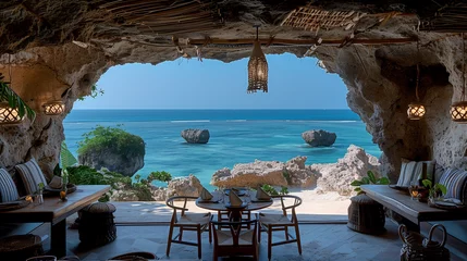 Photo sur Plexiglas Bora Bora, Polynésie française restaurant by the ocean of a tropical Island, a tropical cafe with an ocean view, a Restaurant in a cave rock