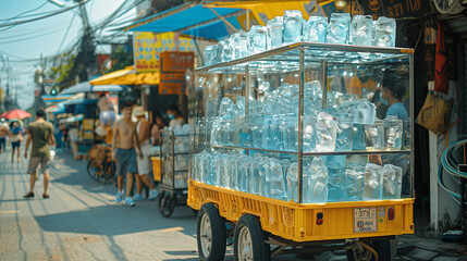 Heatwave in Thailand, global warming, heat stroke, Ice blocks for keeping products fresh on street market Thailand, block of ice on the streets of Bangkok.