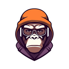 Monkey wearing sunglasses stylish rapper black and white vector illustration isolated transparent background logo, cut out or cutout t-shirt print design