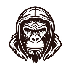 Monkey wearing a hood stylish rapper black and white vector illustration isolated transparent background logo, cut out or cutout t-shirt print design