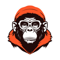Monkey wearing sunglasses stylish rapper black and white vector illustration isolated transparent background logo, cut out or cutout t-shirt print design