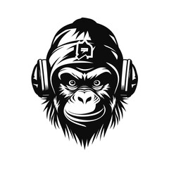 Monkey with earphones stylish rapper black and white vector illustration isolated transparent background logo, cut out or cutout t-shirt print design