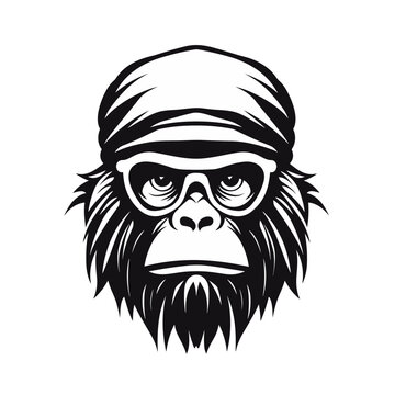 Monkey stylish rapper black and white vector illustration isolated transparent background logo, cut out or cutout t-shirt print design