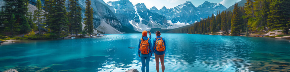 Couple travel banner landscape happy hikers in Alps lake view, Two travel hikers standing in front...