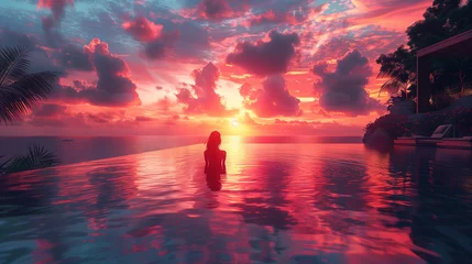 Photo sur Plexiglas Bora Bora, Polynésie française Paradise luxury resort honeymoon getaway destination at idyllic  tropical hotel, woman silhouette swimming in infinity pool watching sunset serene getaway at dusk