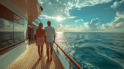 couple on a wooden deck of a cruise ship, a Luxury cruise ship travel elegant tourist man and woman on the balcony deck of a luxury yacht, Summer vacation cruise ship, copy space - obrazy, fototapety, plakaty