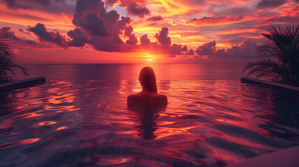 female in pool at sunset in a tropical hotel, woman silhouette swimming in infinity pool watching...