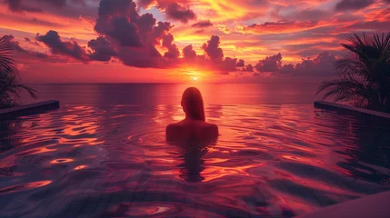 Photo sur Plexiglas Anti-reflet Bora Bora, Polynésie française female in pool at sunset in a tropical hotel, woman silhouette swimming in infinity pool watching sunset serene getaway at dusk