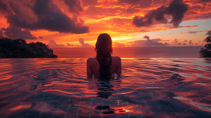 Paradise luxury resort honeymoon getaway destination at the idyllic Caribbean tropical hotel, woman silhouette swimming in infinity pool watching sunset serene getaway - obrazy, fototapety, plakaty