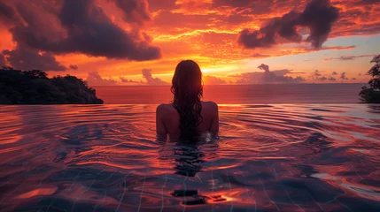 Fotobehang Bora Bora, Frans Polynesië Paradise luxury resort honeymoon getaway destination at the idyllic Caribbean tropical hotel, woman silhouette swimming in infinity pool watching sunset serene getaway