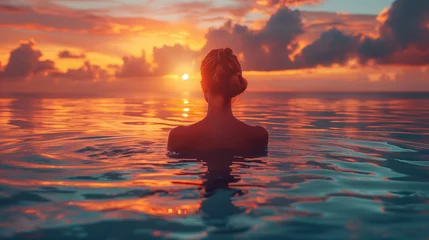 Photo sur Plexiglas Bora Bora, Polynésie française Paradise luxury resort honeymoon getaway destination at idyllic Caribbean tropical hotel, woman silhouette swimming in infinity pool watching sunset 