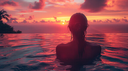 woman silhouette swimming in infinity pool watching sunset serene getaway at dusk