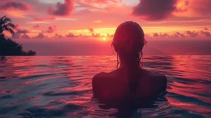 Zelfklevend Fotobehang Bora Bora, Frans Polynesië woman silhouette swimming in infinity pool watching sunset serene getaway at dusk