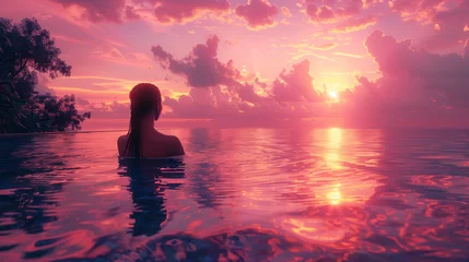 Foto auf Acrylglas Bora Bora, Französisch-Polynesien  luxury resort honeymoon getaway destination at the idyllic Caribbean tropical hotel, woman silhouette swimming in infinity pool watching sunset serene getaway at dusk