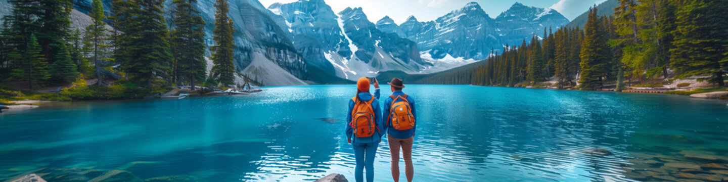 Couple travel banner landscape happy hikers in Alps lake view, Two travel hikers standing in front of the lake in the mountain in Spring