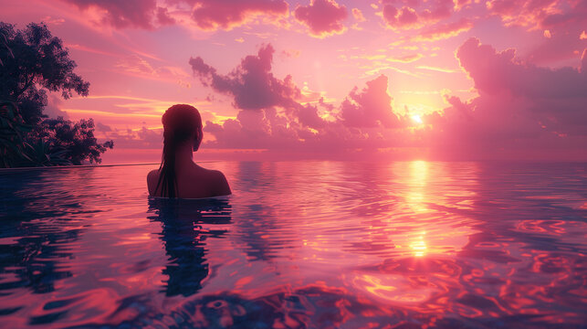  luxury resort honeymoon getaway destination at the idyllic Caribbean tropical hotel, woman silhouette swimming in infinity pool watching sunset serene getaway at dusk