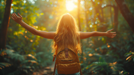 woman with open arms breathing fresh air, a Free female breathing clean air in a natural forest. Happy girl from the back with open arms in happiness. Fresh outdoor woods, wellness healthy lifestyle
