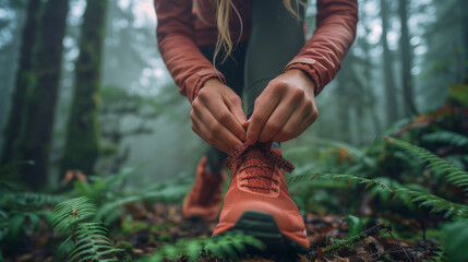 Trail runner hiking woman tying lac on trail run and hike. a woman living a healthy aspirational outdoor life taking a break during trail running and in Squamish, British Columbia, Canada., shoe loop