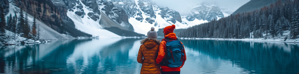 Travelers couple look at the mountain lake. Travel and active life concept with team. Adventure and travel in the mountains