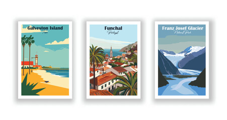 Franz Josef Glacier, National Park. Funchal, Portugal. Galveston Island, Texas - Set of 3 Vintage Travel Posters. Vector illustration. High Quality Prints