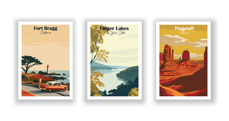 Finger Lakes, New York State. Fort Bragg, California. Franz Josef Glacier, National Park - Set of 3 Vintage Travel Posters. Vector illustration. High Quality Prints