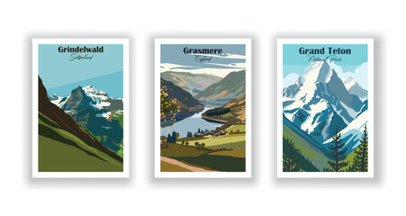 Grand Teton, National Park. Grasmere, England. Grindelwald, Switzerland - Set of 3 Vintage Travel Posters. Vector illustration. High Quality Prints