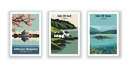 Isle Of Iona, Scotland. Isle Of Seil, Scotland. Jefferson Memorial, Washington DC - Set of 3 Vintage Travel Posters. Vector illustration. High Quality Prints