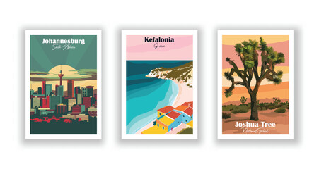 Obraz premium Johannesburg, South Africa. Joshua Tree, National Park. Kefalonia, Greece - Set of 3 Vintage Travel Posters. Vector illustration. High Quality Prints