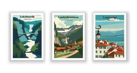 Lausanne, Switzerland. Lauterbrunnen, Switzerland. Letchworth, State Park - Set of 3 Vintage Travel Posters. Vector illustration. High Quality Prints