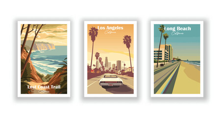 Long Beach, California. Los Angeles, California. Lost Coast Trail, California - Set of 3 Vintage Travel Posters. Vector illustration. High Quality Prints - obrazy, fototapety, plakaty