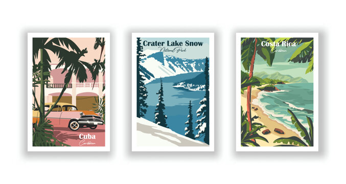 Costa Rica, Caribbean. Crater Lake Snow, National Park. Cuba, Caribbean - Set of 3 Vintage Travel Posters. Vector illustration. High Quality Prints