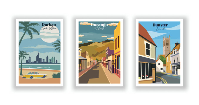 Dunster, Somerset. Durango, Colorado. Durban, South Africa - Set of 3 Vintage Travel Posters. Vector illustration. High Quality Prints
