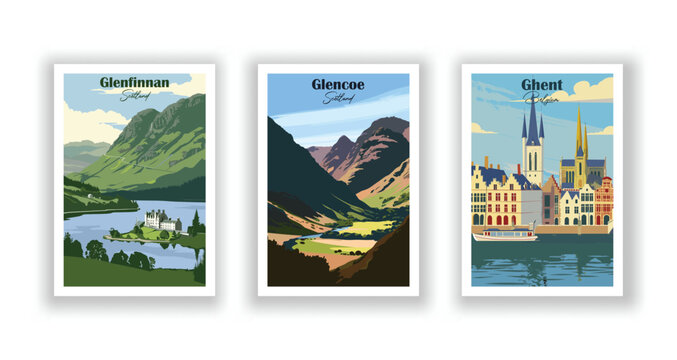 Ghent, Belgium. Glencoe, Scotland. Glenfinnan, Scotland - Set of 3 Vintage Travel Posters. Vector illustration. High Quality Prints