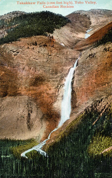Takakkaw Falls 1200 feet high, Yoho Valley, Canadian Rockies. Yoho National Park, Canada. Vintage antique postcard from 1910