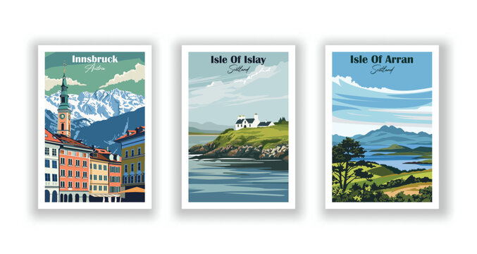 Innsbruck, Austria. Isle Of Arran, Scotland. Isle Of Islay, Scotland - Set of 3 Vintage Travel Posters. Vector illustration. High Quality Prints