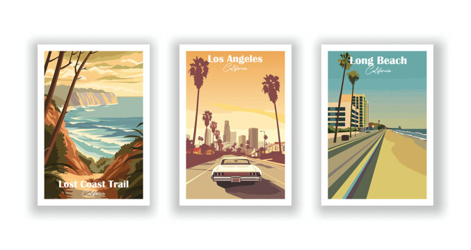 Long Beach, California. Los Angeles, California. Lost Coast Trail, California - Set of 3 Vintage Travel Posters. Vector illustration. High Quality Prints