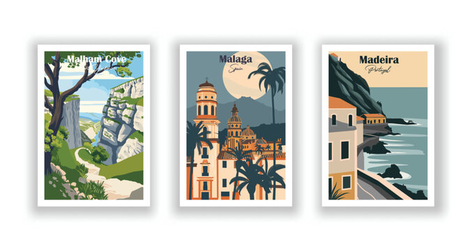 Madeira, Portugal. Malaga, Spain. Malham Cove, North Yorkshire - Set of 3 Vintage Travel Posters. Vector illustration. High Quality Prints