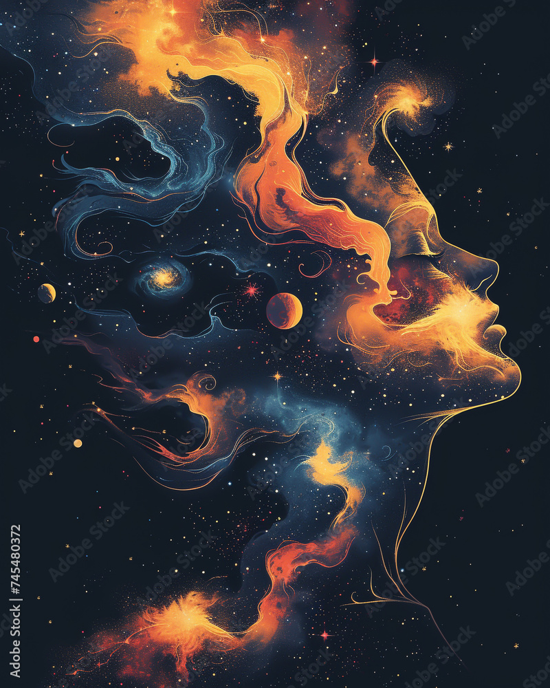 Wall mural a stylized illustration of a cosmic being its head a vivid array of swirling galaxies and celestial 