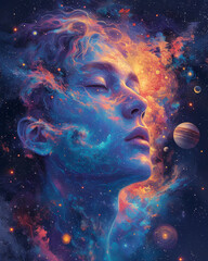 a fantasy art portrait head replaced by a vibrant illustrated universe full of whimsical planets and cosmic phenomena a fusion of organic and astral elements with a touch of surrealism