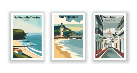 Fototapeta premium Saltburn-By-The-Sea, Yorkshire. San Juan, Puerto Rico. San Sebastian, Spain - Set of 3 Vintage Travel Posters. Vector illustration. High Quality Prints