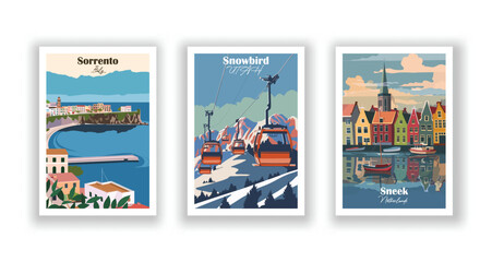 Fototapeta premium Sneek, Netherlands. Snowbird, UTAH. Sorrento, Italy - Set of 3 Vintage Travel Posters. Vector illustration. High Quality Prints