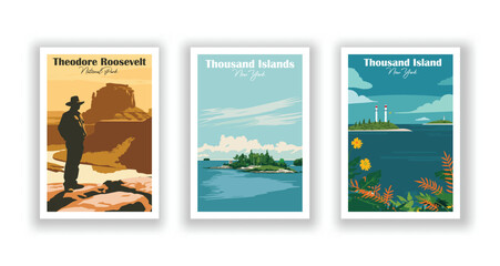Theodore Roosevelt, National Park. Thousand Island, New York. Thousand Islands, New York - Set of 3 Vintage Travel Posters. Vector illustration. High Quality Prints