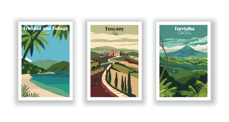 Trinidad and Tobago, Caribbean. Turrialba, Costa Rica. Tuscany, Italy - Set of 3 Vintage Travel Posters. Vector illustration. High Quality Prints