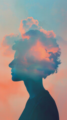 A side profile of a contemplative silhouette with a cloud head against a gradient pastel background evoking a narrative of inspiration and daydreaming suitable for storytelling ads