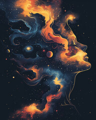 a stylized illustration of a cosmic being its head a vivid array of swirling galaxies and celestial bodies in a unique blend of art nouveau and science fiction styles rich in color and detail