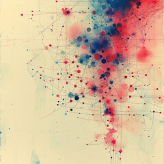 an artistic rendering of a conceptual network nodes and connections illustrated with fine lines and watercolor washes in red and blue tones abstract and thought provoking - obrazy, fototapety, plakaty